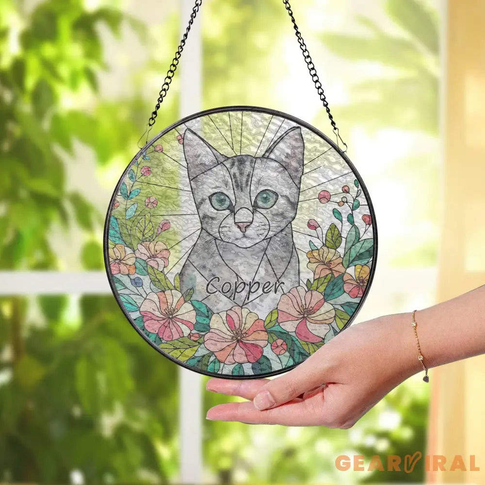 Personalized Floral Pet Portrait Stained Glass Suncatcher Custom Cat Portrait from Photo Pet Memorial Gift Pet Lover