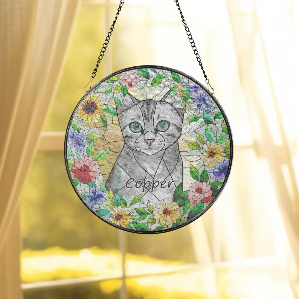 Personalized Floral Pet Portrait Stained Glass Suncatcher Custom Cat Portrait from Photo Pet Memorial Gift Pet Lover