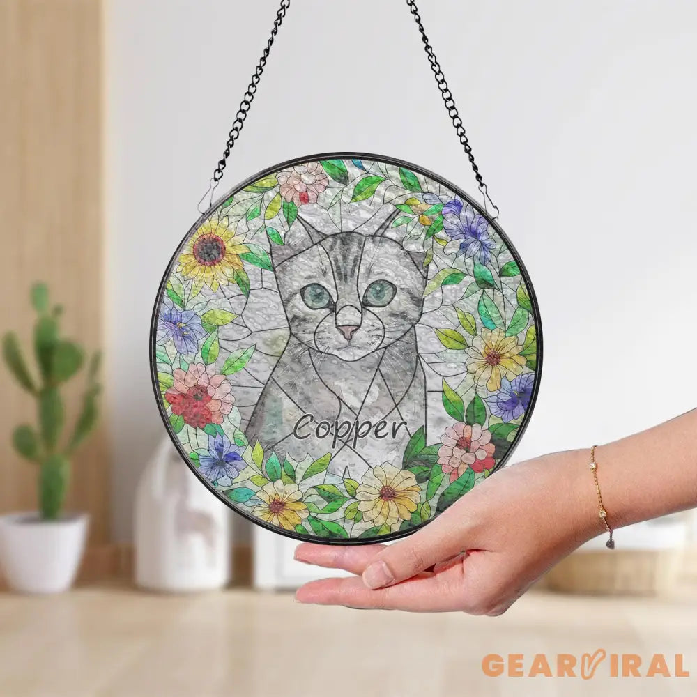 Personalized Floral Pet Portrait Stained Glass Suncatcher Custom Cat Portrait from Photo Pet Memorial Gift Pet Lover