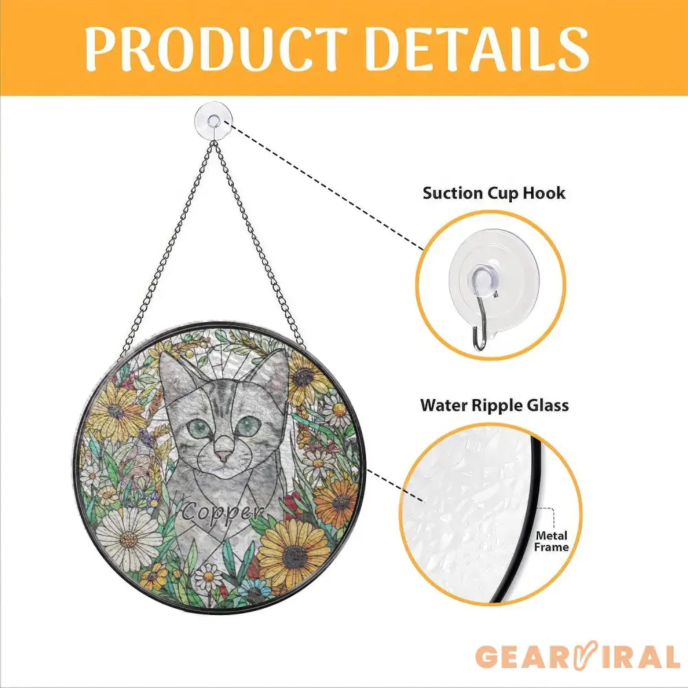 Personalized Floral Pet Portrait Stained Glass Suncatcher Custom Cat Portrait from Photo Pet Memorial Gift Pet Lover