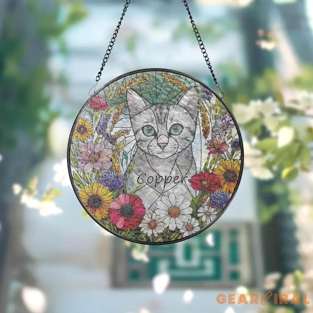 Personalized Floral Pet Portrait Stained Glass Suncatcher Custom Cat Portrait from Photo Pet Memorial Gift Pet Lover