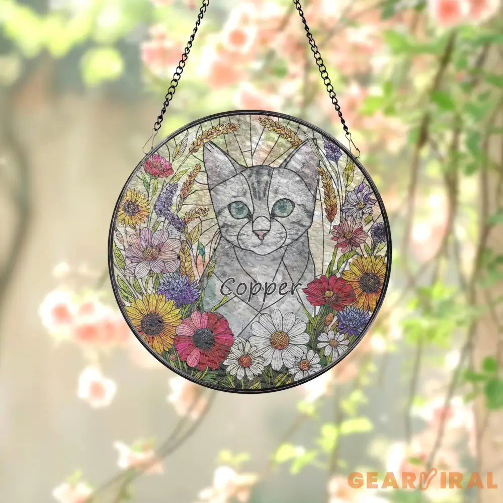 Personalized Floral Pet Portrait Stained Glass Suncatcher Custom Cat Portrait from Photo Pet Memorial Gift Pet Lover