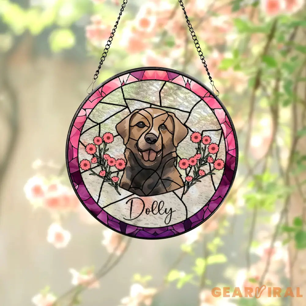 Personalized Floral Pet Portrait Stained Glass Suncatcher Custom Dog Portrait from Photo Pet Memorial Gift Pet Lover