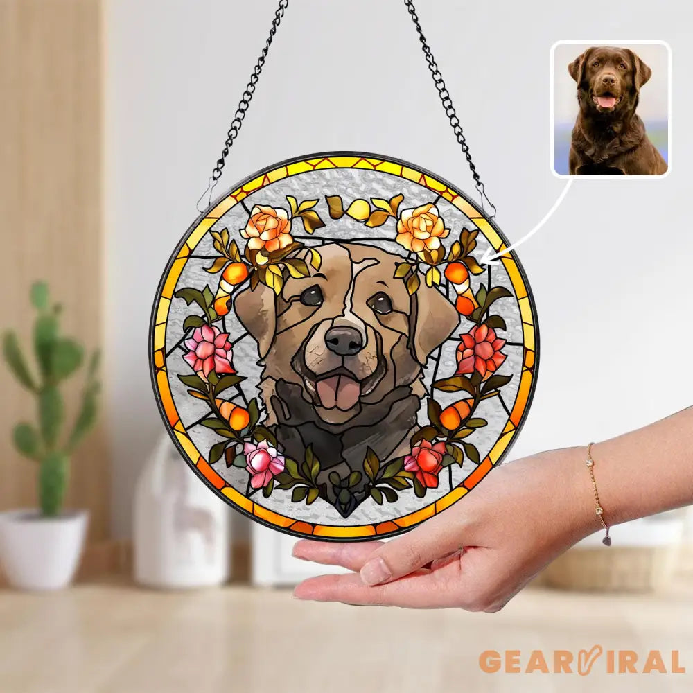 Personalized Floral Pet Portrait Stained Glass Suncatcher Custom Dog Portrait from Photo Pet Memorial Gift Pet Lover