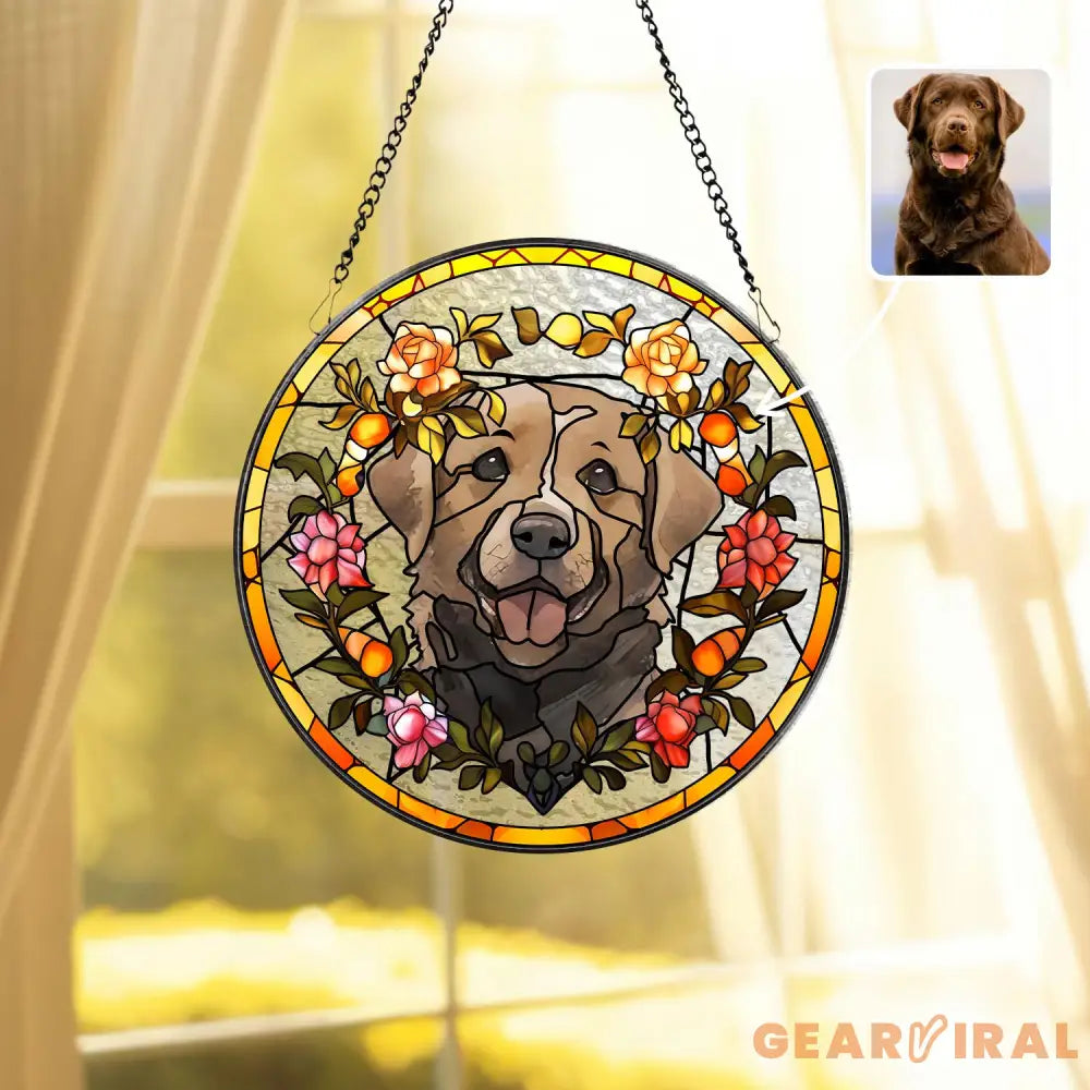 Personalized Floral Pet Portrait Stained Glass Suncatcher Custom Dog Portrait from Photo Pet Memorial Gift Pet Lover
