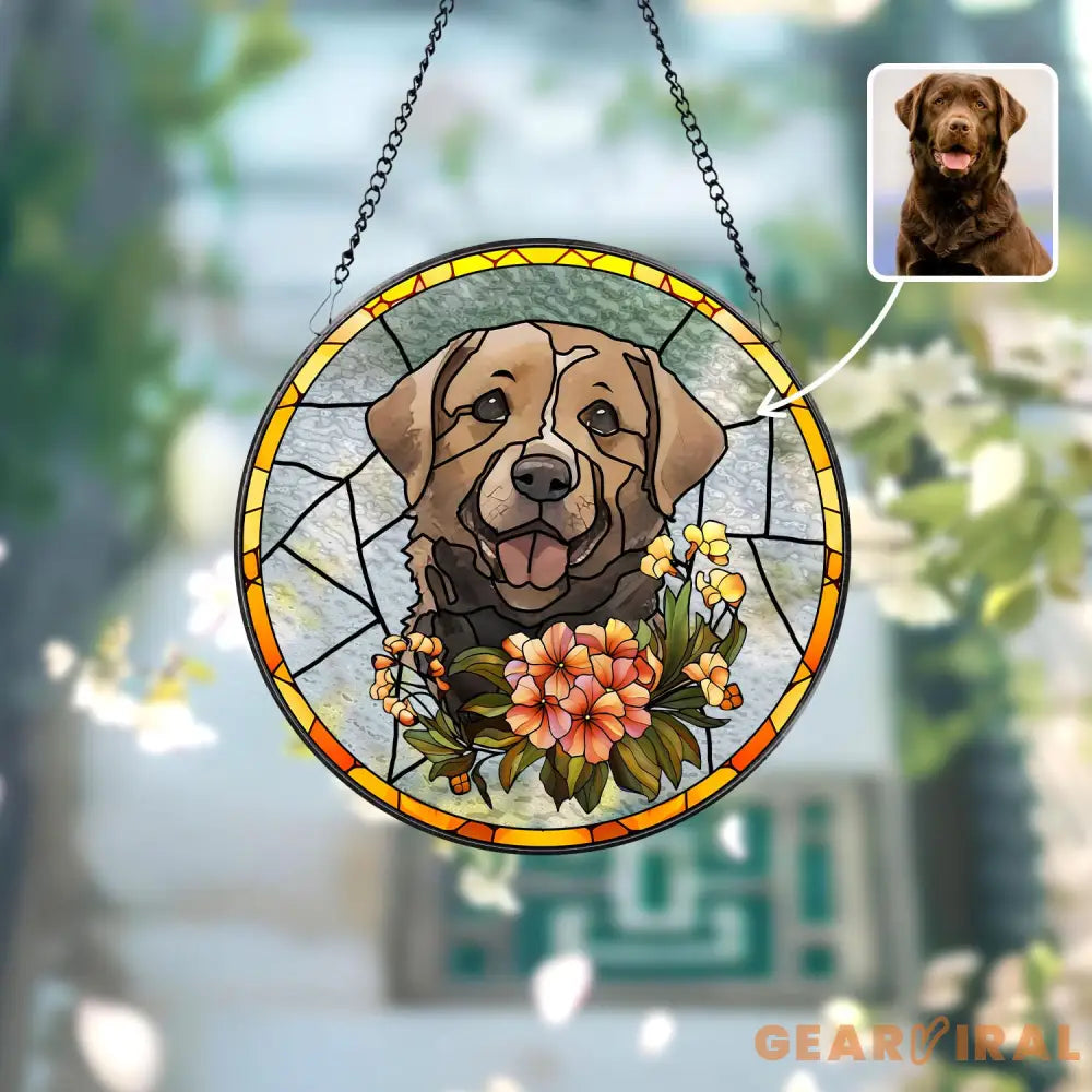 Personalized Floral Pet Portrait Stained Glass Suncatcher Custom Dog Portrait from Photo Pet Memorial Gift Pet Lover