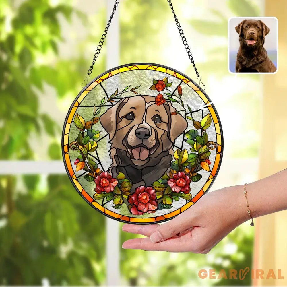 Personalized Floral Pet Portrait Stained Glass Suncatcher Custom Dog Portrait from Photo Pet Memorial Gift Pet Lover