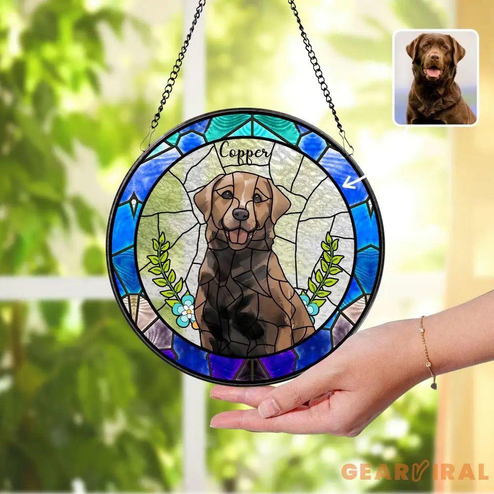 Personalized Floral Pet Portrait Stained Glass Suncatcher Custom Dog Portrait from Photo Pet Memorial Gift Pet Lover