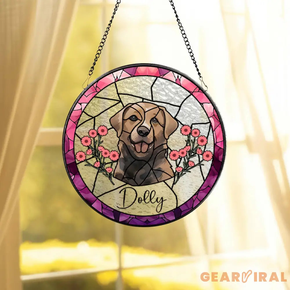 Personalized Floral Pet Portrait Stained Glass Suncatcher Custom Dog Portrait from Photo Pet Memorial Gift Pet Lover