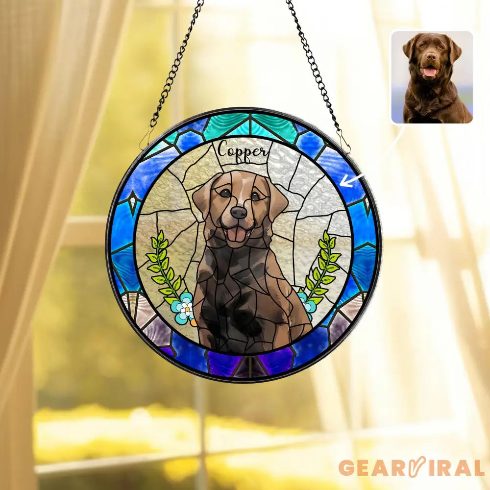 Personalized Floral Pet Portrait Stained Glass Suncatcher Custom Dog Portrait from Photo Pet Memorial Gift Pet Lover