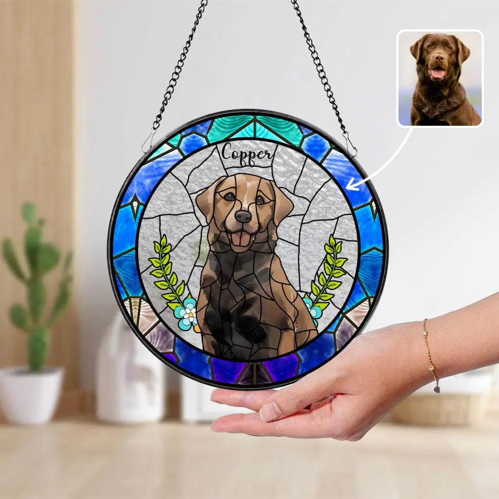 Personalized Floral Pet Portrait Stained Glass Suncatcher Custom Dog Portrait from Photo Pet Memorial Gift Pet Lover