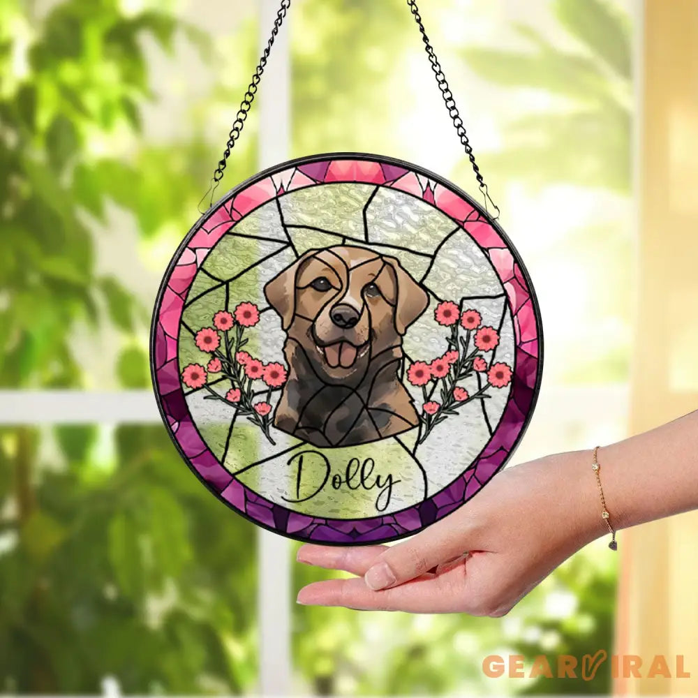 Personalized Floral Pet Portrait Stained Glass Suncatcher Custom Dog Portrait from Photo Pet Memorial Gift Pet Lover