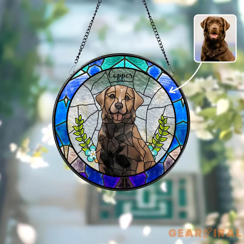 Personalized Floral Pet Portrait Stained Glass Suncatcher Custom Dog Portrait from Photo Pet Memorial Gift Pet Lover