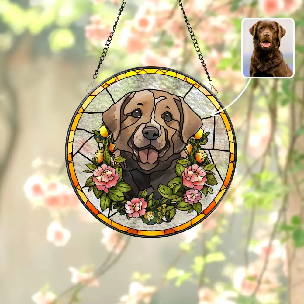 Personalized Floral Pet Portrait Stained Glass Suncatcher Custom Dog Portrait from Photo Pet Memorial Gift Pet Lover