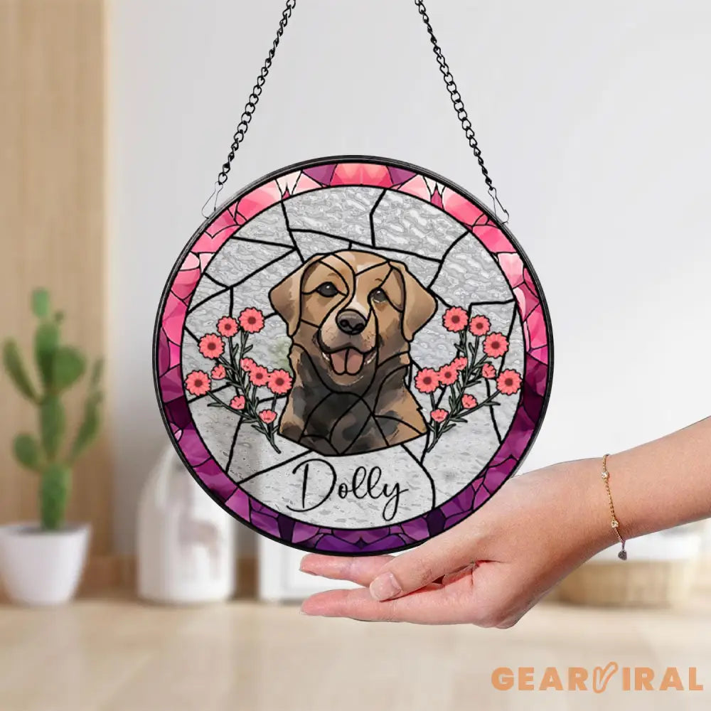 Personalized Floral Pet Portrait Stained Glass Suncatcher Custom Dog Portrait from Photo Pet Memorial Gift Pet Lover