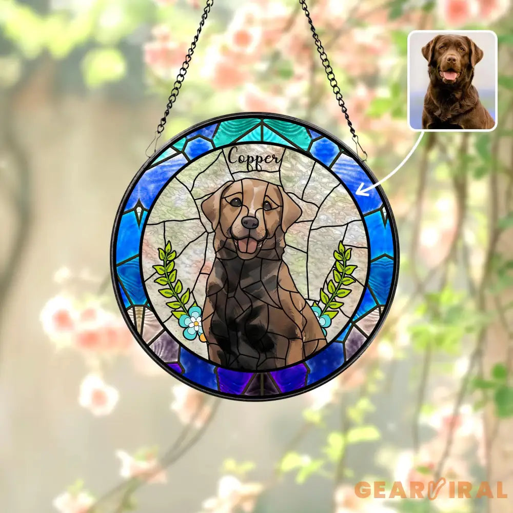 Personalized Floral Pet Portrait Stained Glass Suncatcher Custom Dog Portrait from Photo Pet Memorial Gift Pet Lover