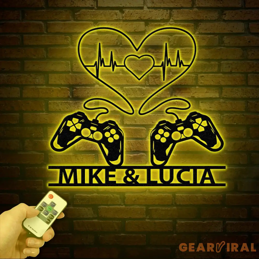 Personalized Gaming Couple Metal Sign with LED Light Heart Game Controller Custom Name Wall Art Gifts for Couples Game