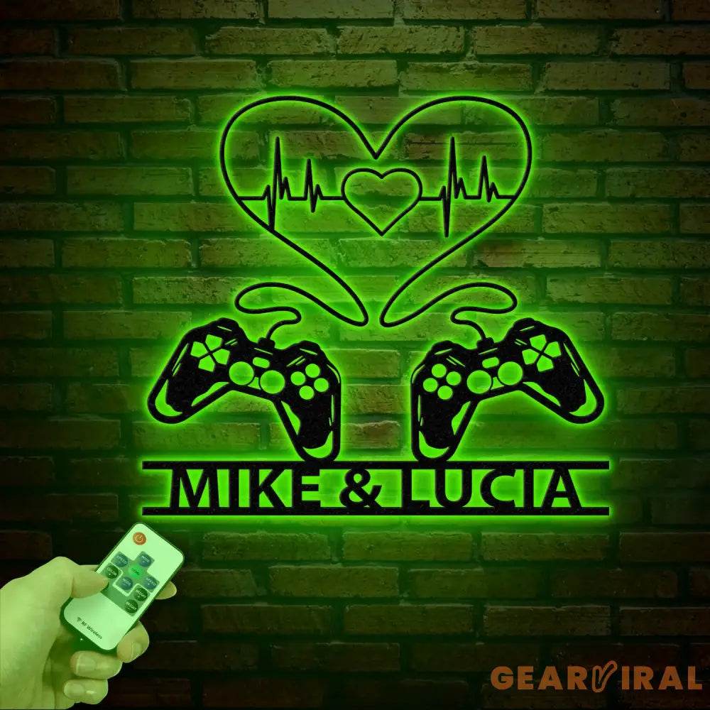 Personalized Gaming Couple Metal Sign with LED Light Heart Game Controller Custom Name Wall Art Gifts for Couples Game