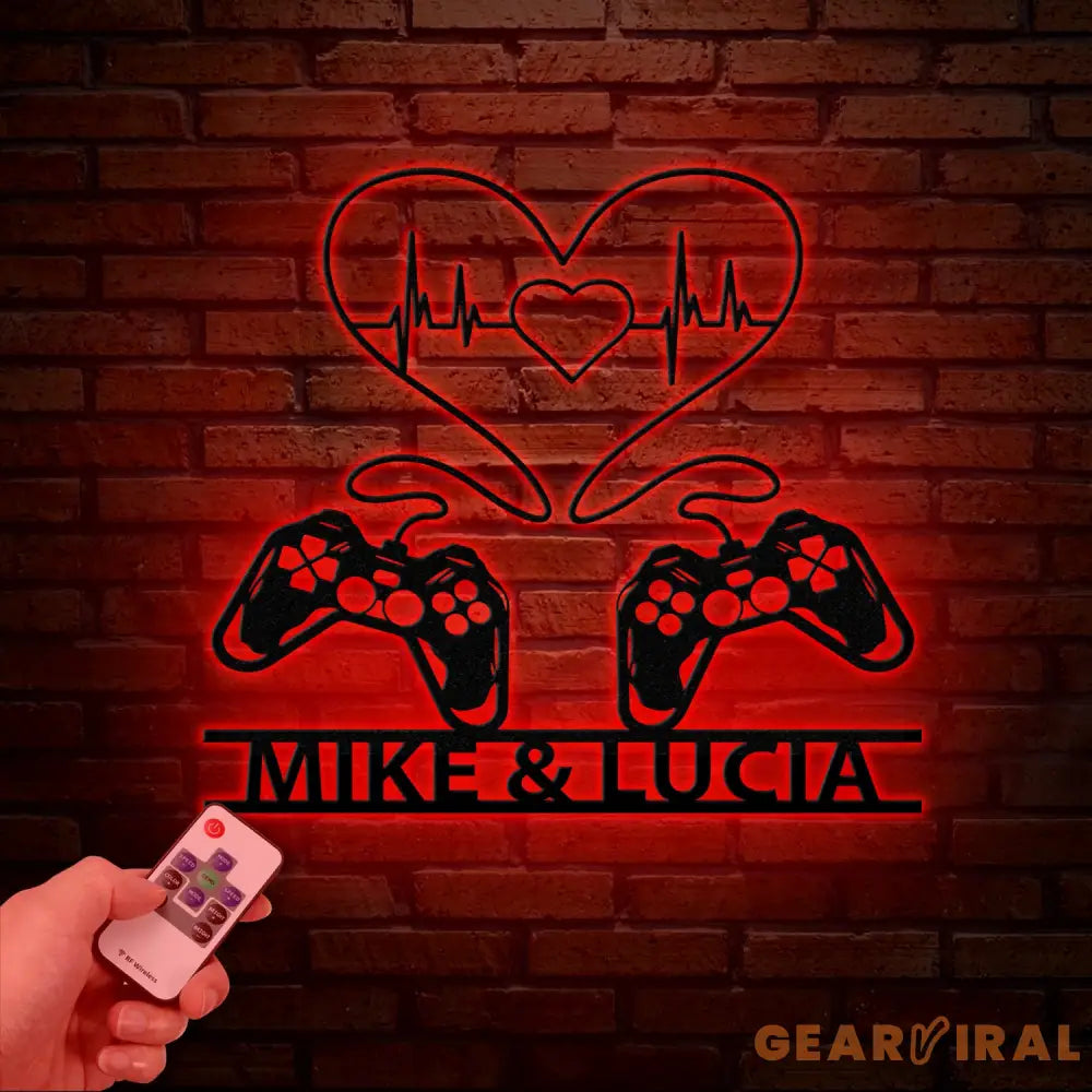 Personalized Gaming Couple Metal Sign with LED Light Heart Game Controller Custom Name Wall Art Gifts for Couples Game