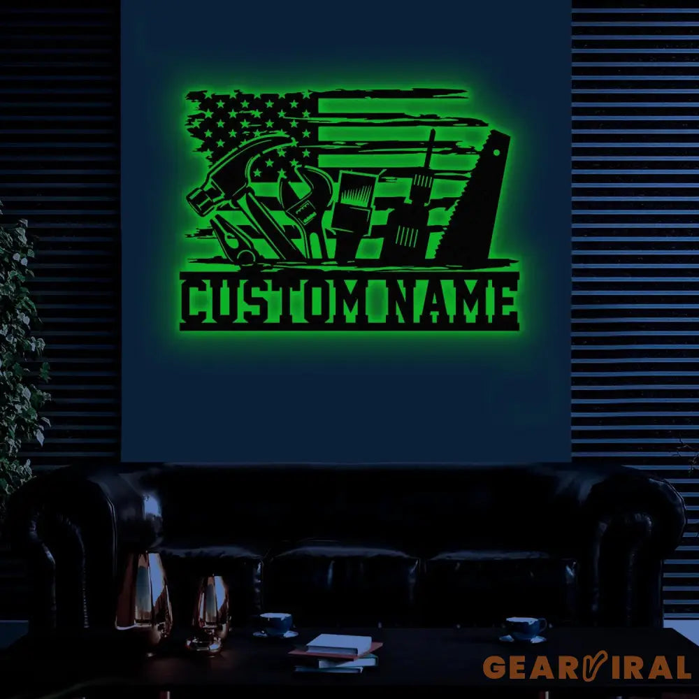 Personalized Garage US Flag Metal Sign with Led Light Custom Name Garage Decor Man Cave Sign Workshop Sign Wall Art For