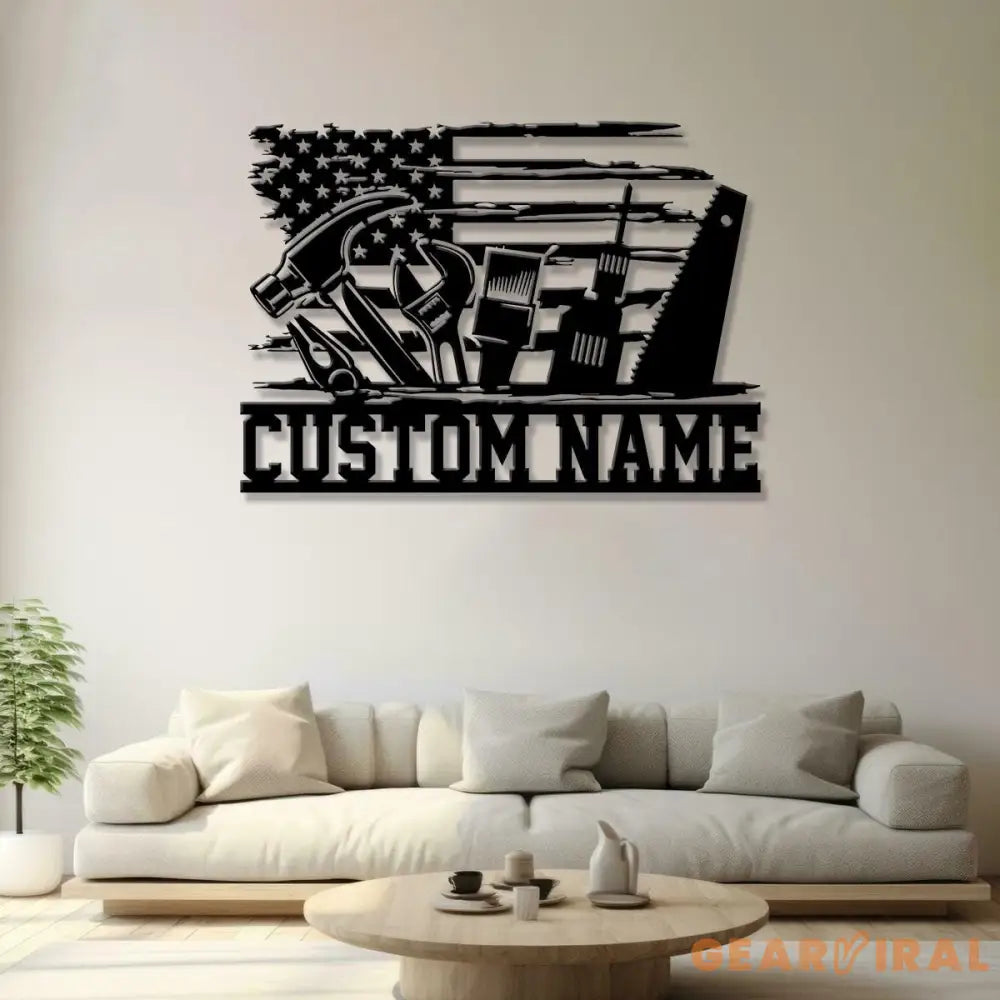 Personalized Garage US Flag Metal Sign with Led Light Custom Name Garage Decor Man Cave Sign Workshop Sign Wall Art For