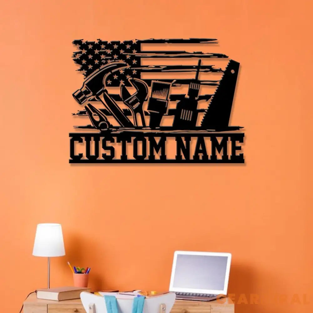 Personalized Garage US Flag Metal Sign with Led Light Custom Name Garage Decor Man Cave Sign Workshop Sign Wall Art For