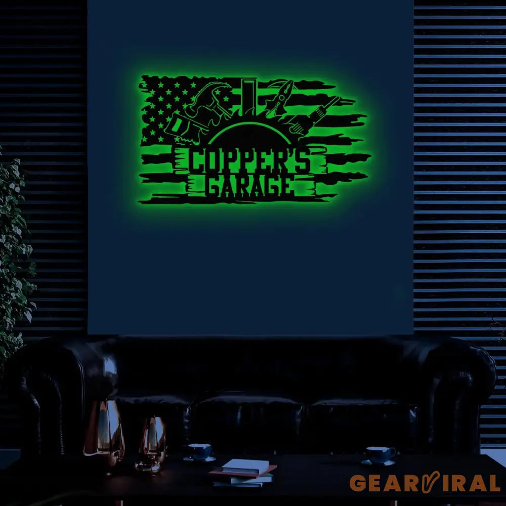 Personalized Garage US Flag Metal Sign with Led Light Custom Name Garage Decor Man Cave Sign Workshop Sign Wall Art For