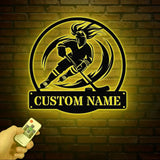 Personalized Girl Ice Hockey Metal Wall Art LED Light Custom Hockey Player Stick Sign Sports Wall Art Gift for Hockey