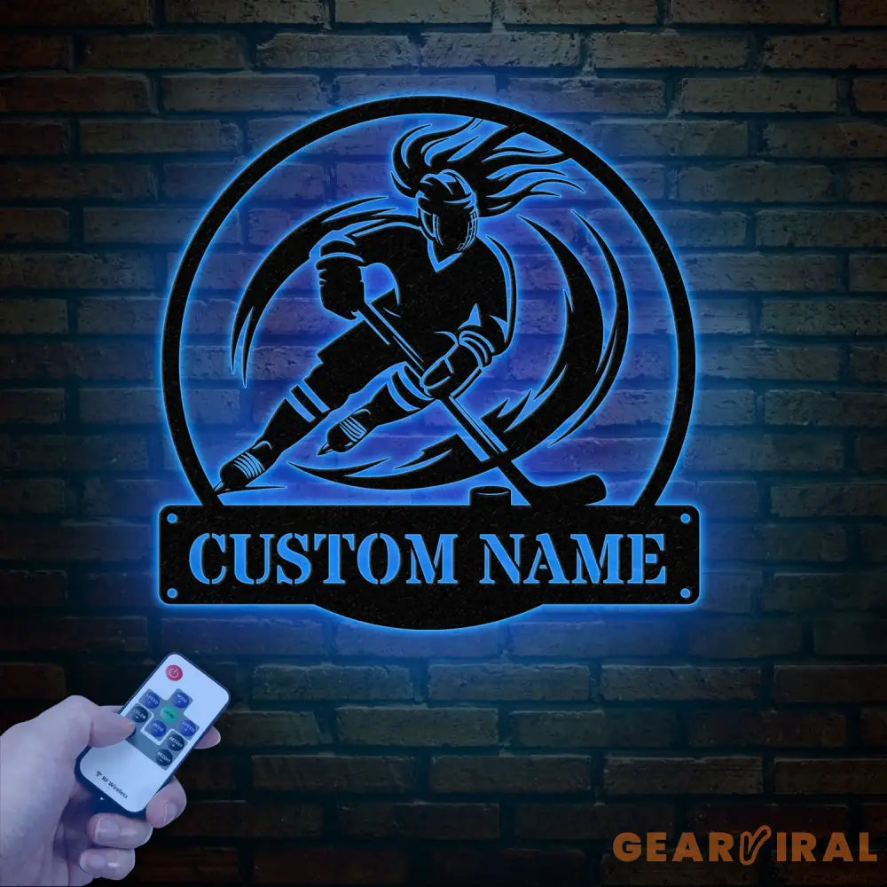 Personalized Girl Ice Hockey Metal Wall Art LED Light Custom Hockey Player Stick Sign Sports Wall Art Gift for Hockey