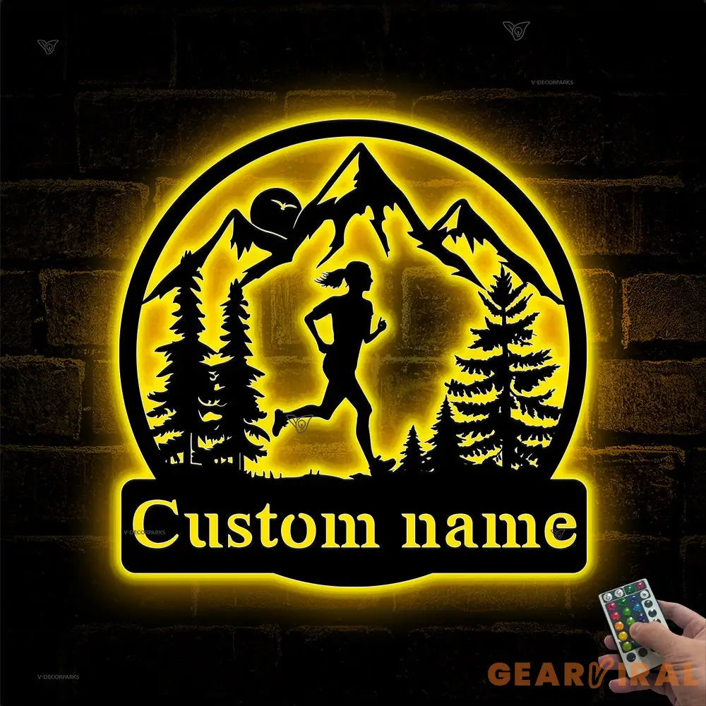 Personalized Girl Runner Name Sign Custom Female Trail Running Metal Wall Art LED Light Home Decor Marathon Decoration