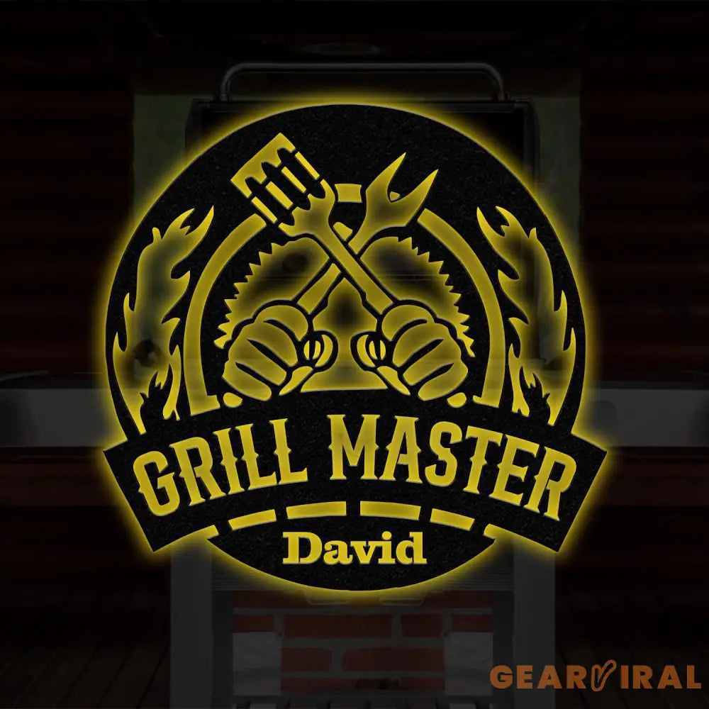 Personalized Grill Master Metal Sign with LED Light Metal Barbecue Sign Bar Signs BBQ Signs Outdoor Kitchen Metal Signs