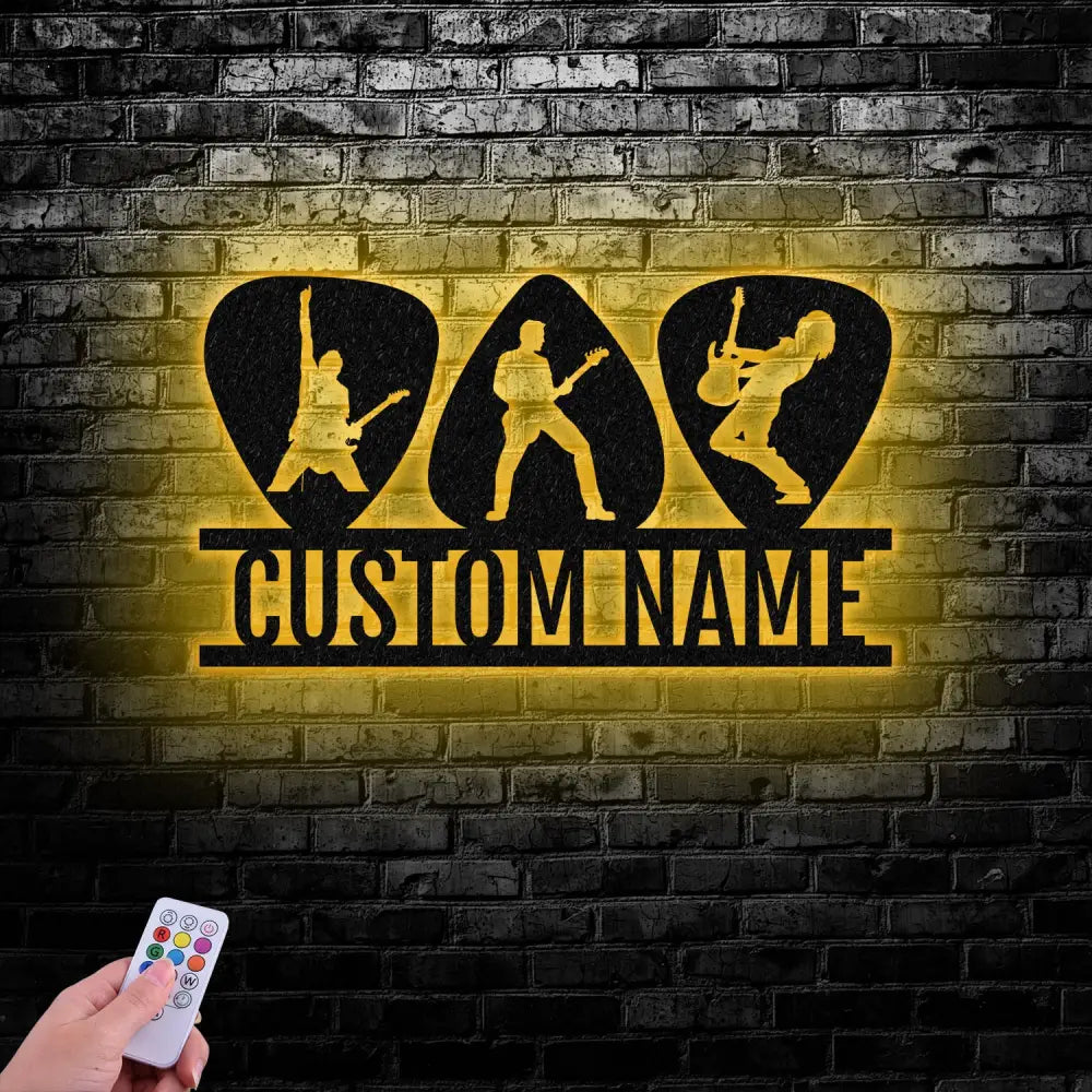 Personalized Guitar Pick Metal Sign with LED Light Silhouette Guitar Player Name Sign Guitar Wall Art Guitar Lover Gift