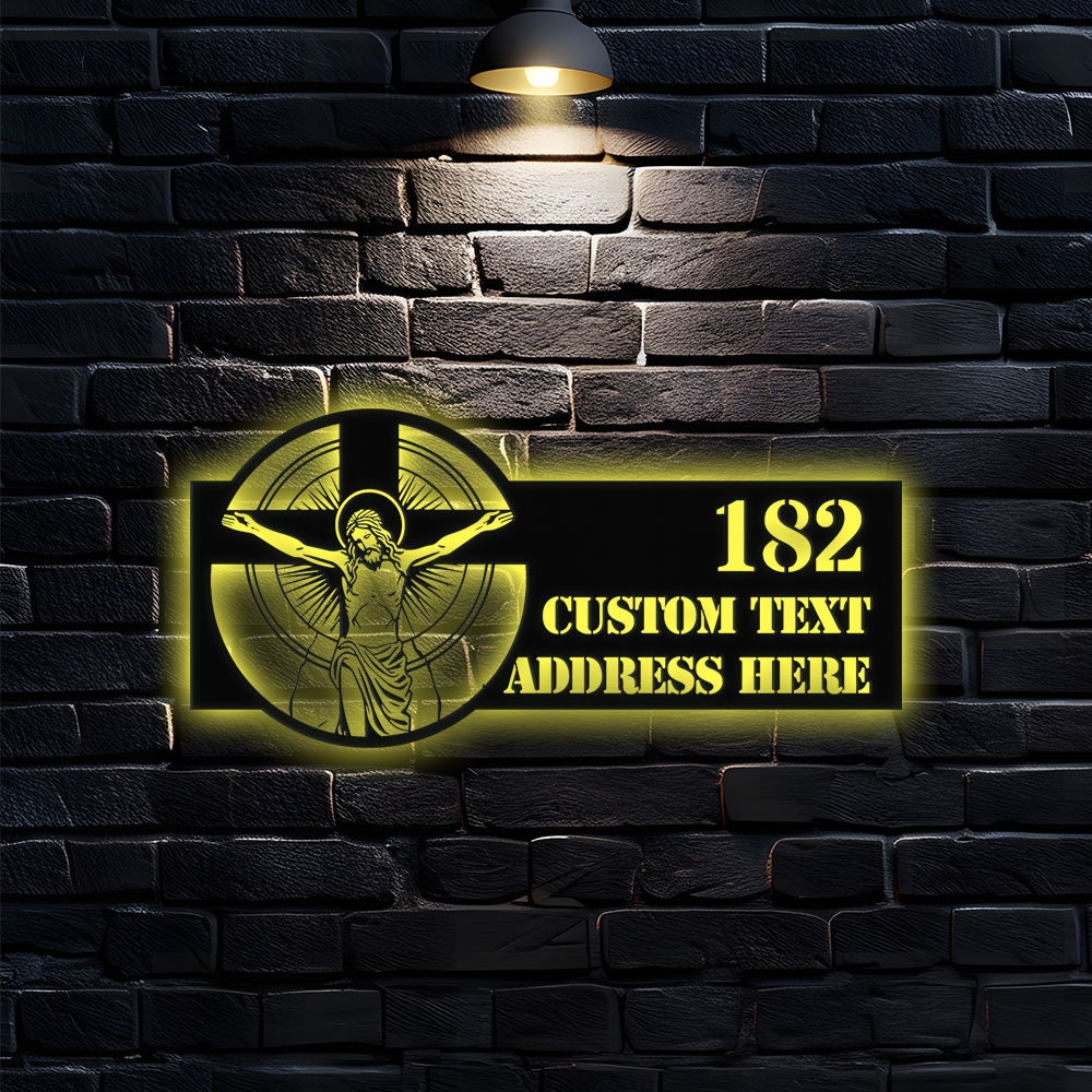 Personalized Holy Family Christian LED Sign - Jesus Christ Metal Address Sign - House Number Hanging Address - Housewarming - Wall Art