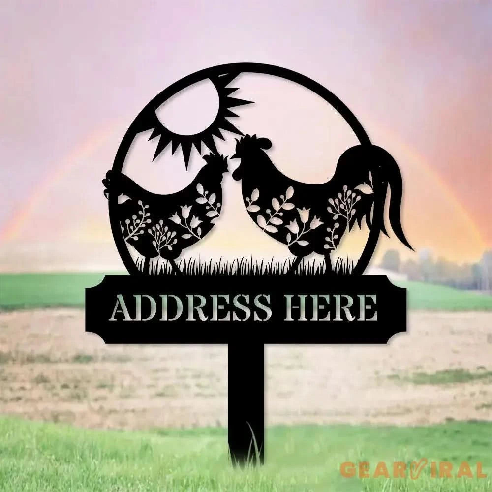 Personalized Home Farm Address Metal Stake - Family Name Initial Hanging - Personalize Chicken Metal Sign - Metal Decor