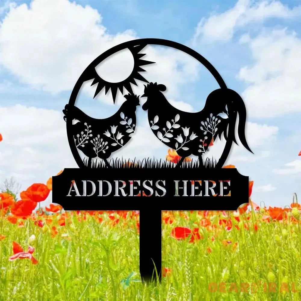 Personalized Home Farm Address Metal Stake - Family Name Initial Hanging - Personalize Chicken Metal Sign - Metal Decor