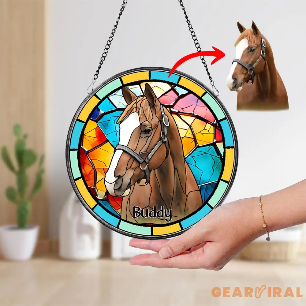 Personalized Horse Portrait Stained Glass Suncatcher Custom Horse Portrait from Photo Pet Memorial Gift Pet Lover Gift