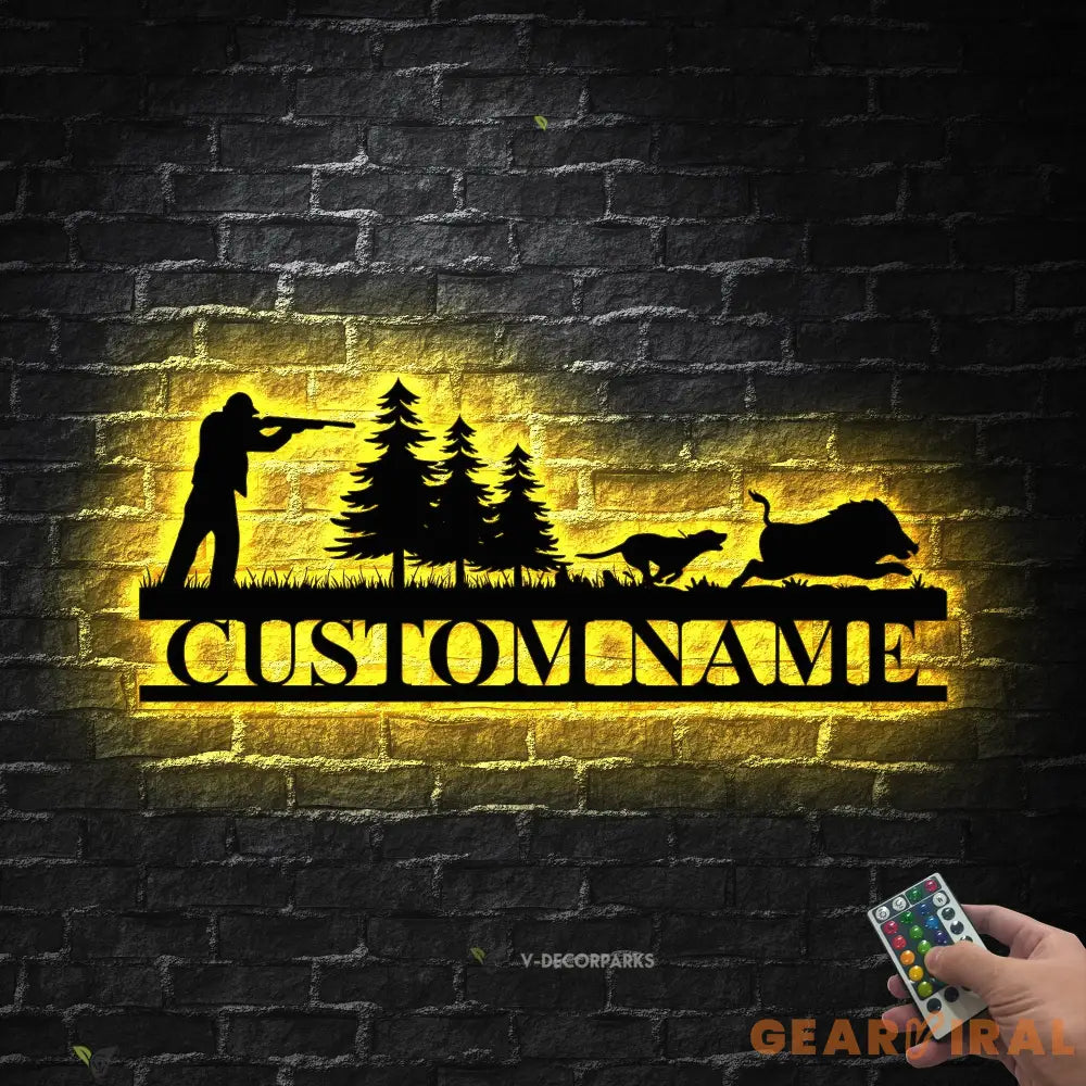 Personalized Hound Wild Boar Hunting Metal Wall Art Led Light - Custom Hunter Name Sign Decoration For Living Room
