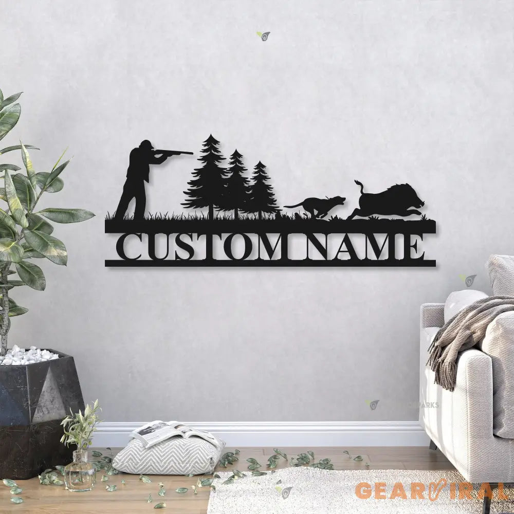 Personalized Hound Wild Boar Hunting Metal Wall Art Led Light - Custom Hunter Name Sign Decoration For Living Room