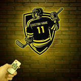 Personalized Ice Hockey Metal Wall Art LED Light Custom Hockey Player Stick Sign Home Decor Sports Wall Art Gift for