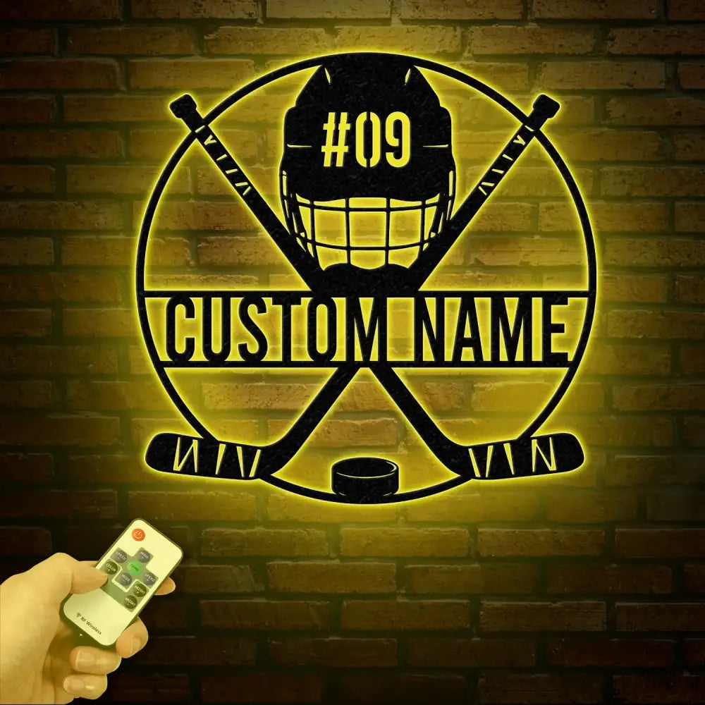 Personalized Ice Hockey Metal Wall Art LED Light Custom Hockey Player Stick Sign Home Decor Sports Wall Art Gift for