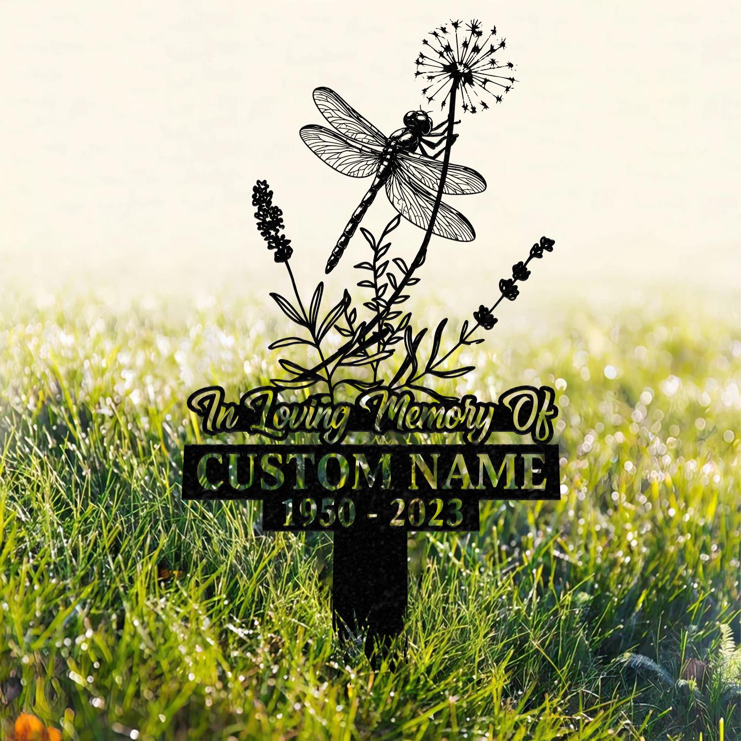 Personalized In Loving Memory Memorial Stake Metal, Dragonfly Memorial Stake, Custom Name Metal Sign, Grave Marker, Remembrance Stake
