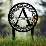 Personalized Initial Stake Metal Sign Metal Circle Letter Monogram with Vines Outdoor Metal Sign Garden Decor Garden