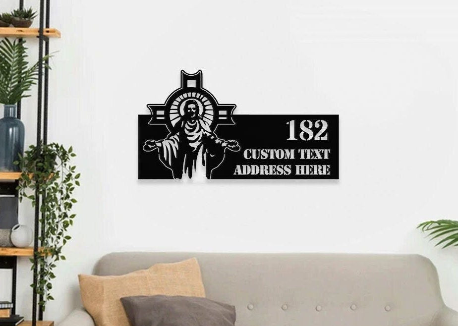 Personalized Jesus Number Address - Christian Address Sign - Name Initial Hanging - Personalize Metal Sign - Jesus Address Sign