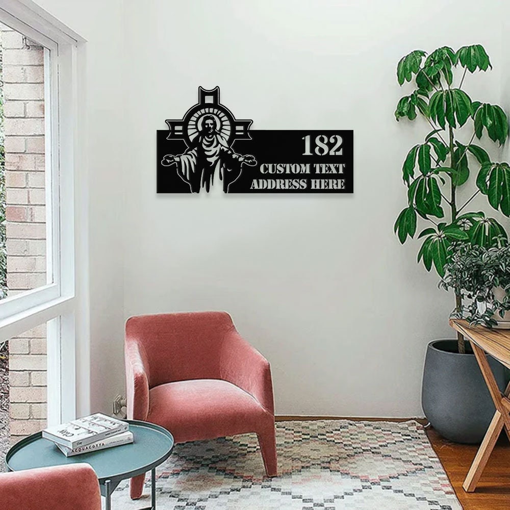 Personalized Jesus Number Address - Christian Address Sign - Name Initial Hanging - Personalize Metal Sign - Jesus Address Sign