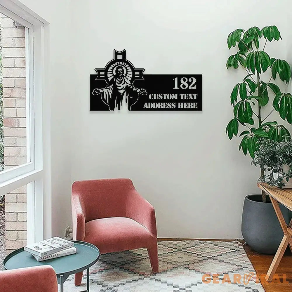 Personalized Jesus Number Address - Christian Address Sign - Name Initial Hanging - Personalize Metal Sign - Jesus