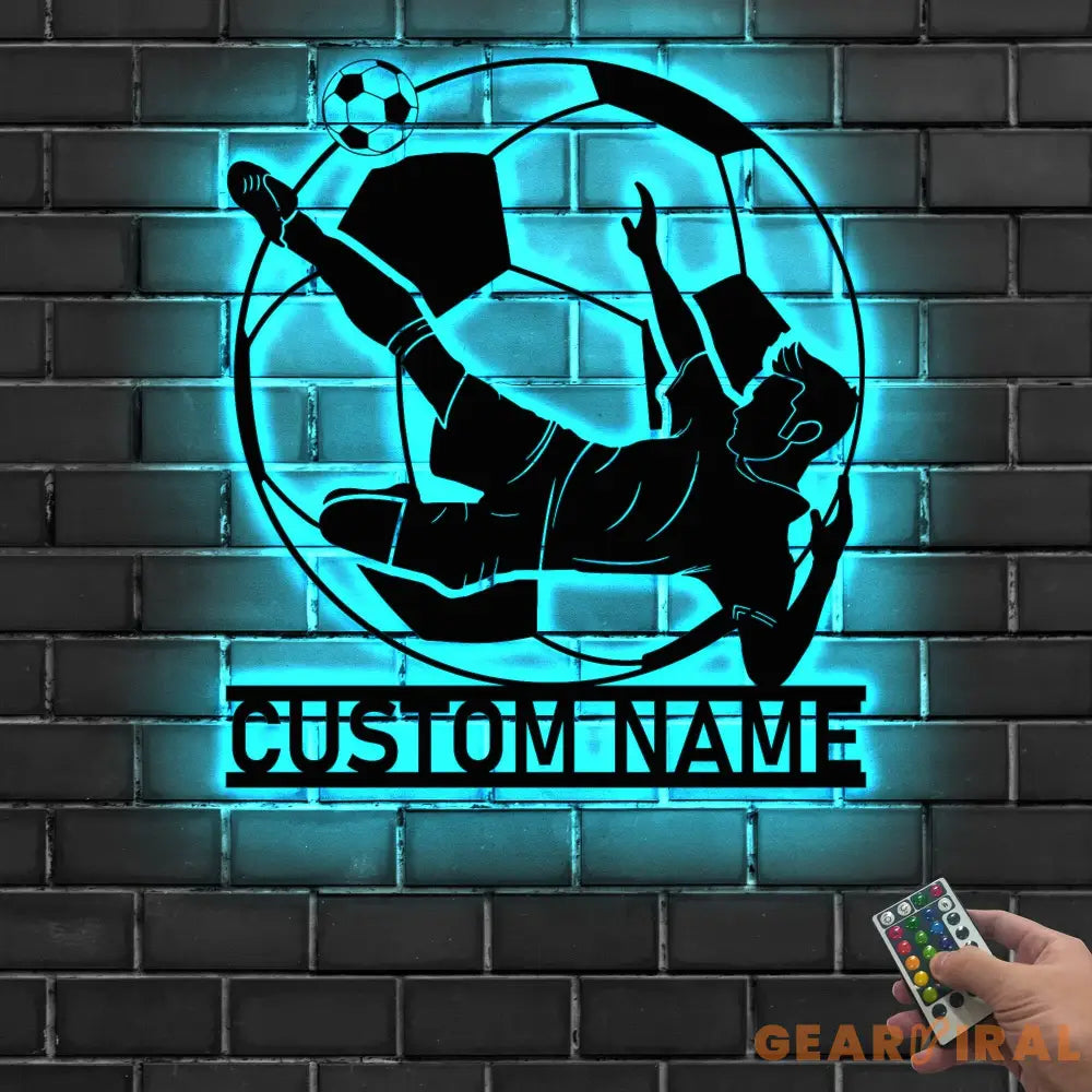 Personalized Man Soccer Metal Wall Art LED Light - Custom Football Player Name Sign Home Decor - Kid Boy Girl Nursery