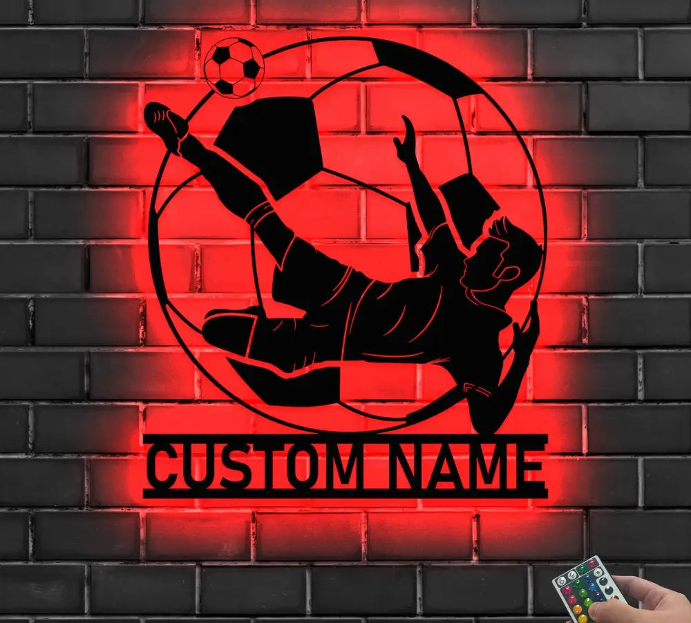 Personalized Man Soccer Metal Wall Art LED Light - Custom Football Player Name Sign Home Decor - Kid Boy Girl Nursery