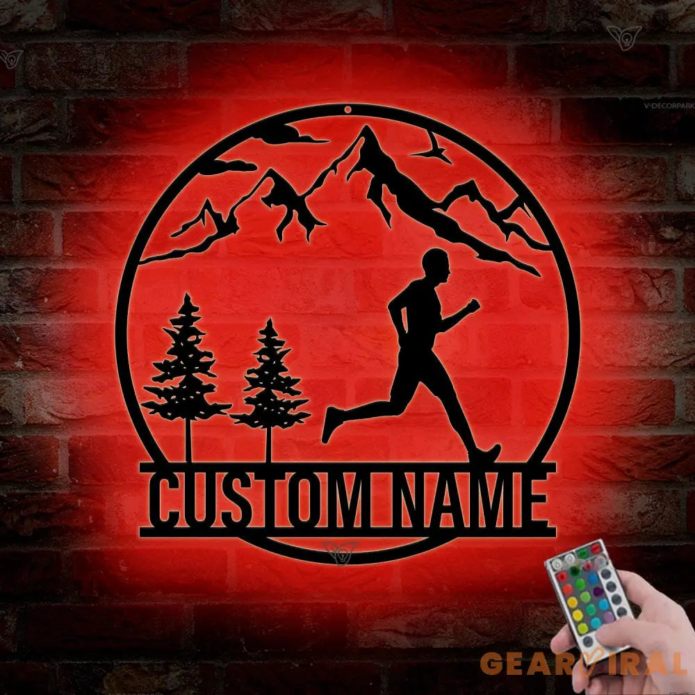 Personalized Man Trail Running Metal Wall Art LED Light - Custom Runner Name Sign Home Decor - Man Trail Running for