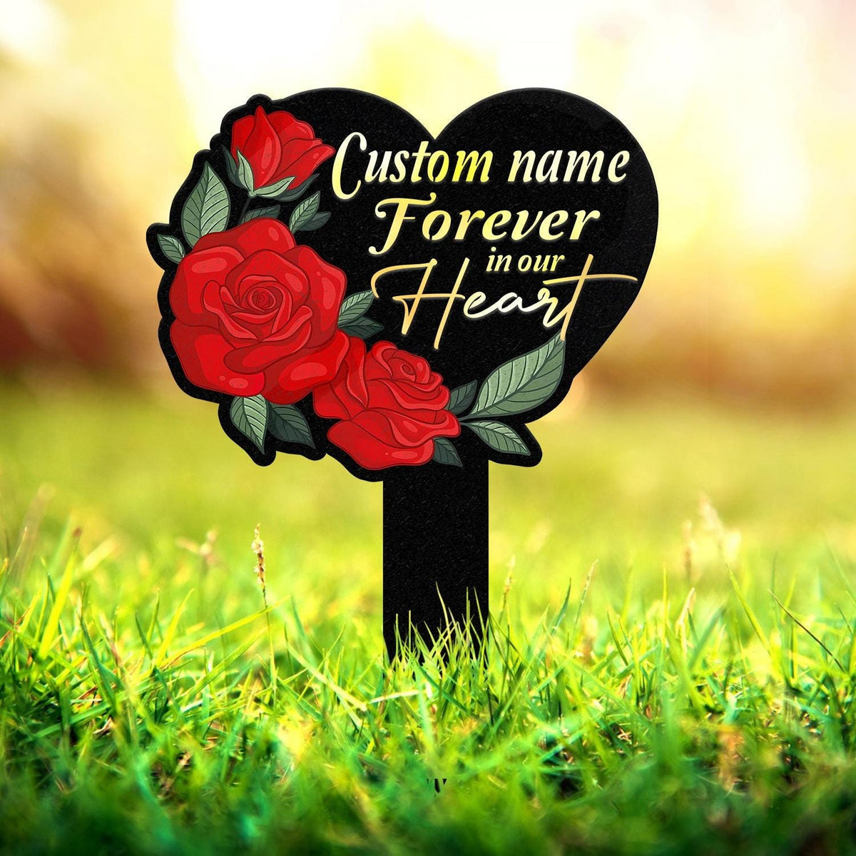 Personalized Memorial Stake Metal, Roses Memorial Stake, Forever in our Heart Memorial, Remembrance Stake, Sympathy Gift, Grave Marker