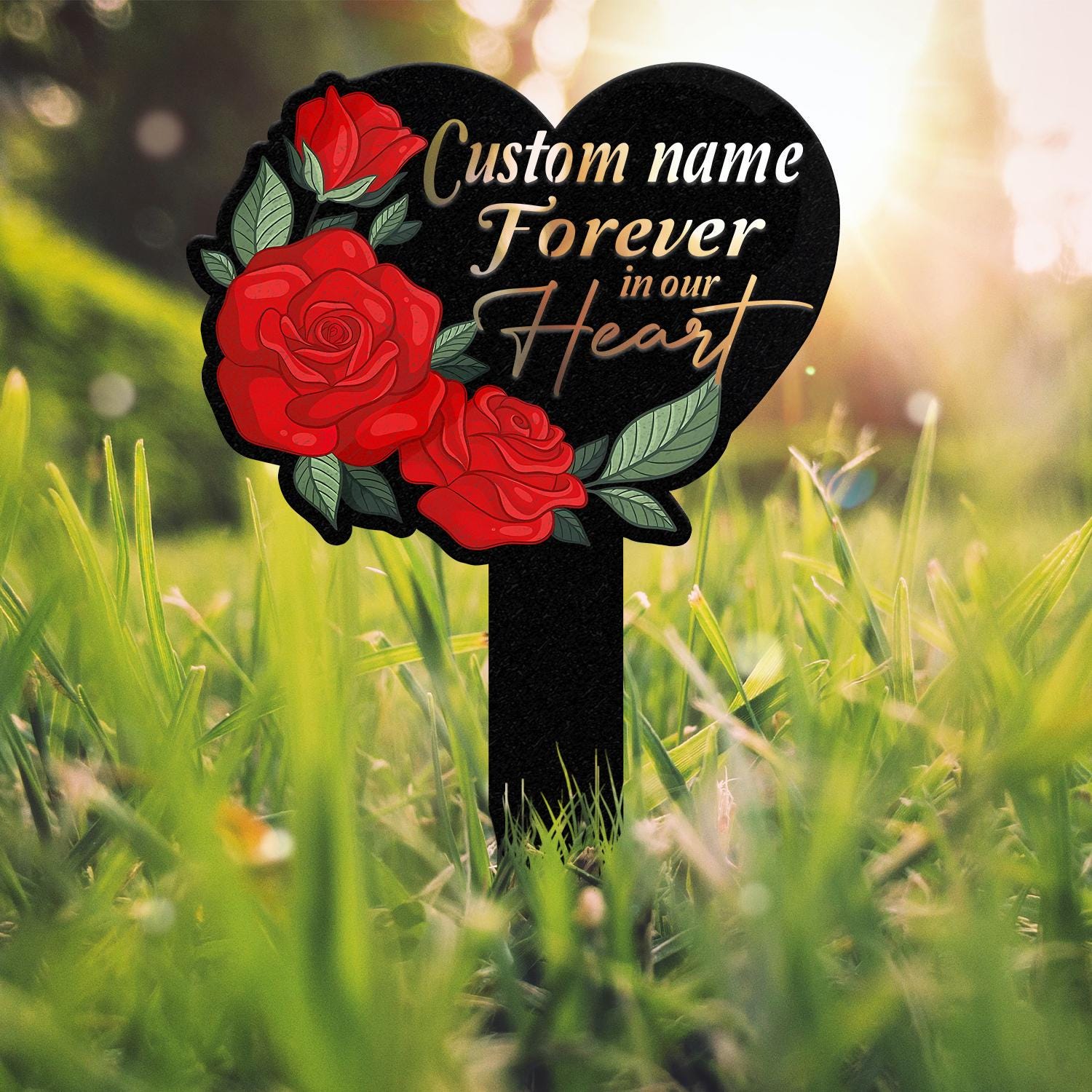 Personalized Memorial Stake Metal, Roses Memorial Stake, Forever in our Heart Memorial, Remembrance Stake, Sympathy Gift, Grave Marker
